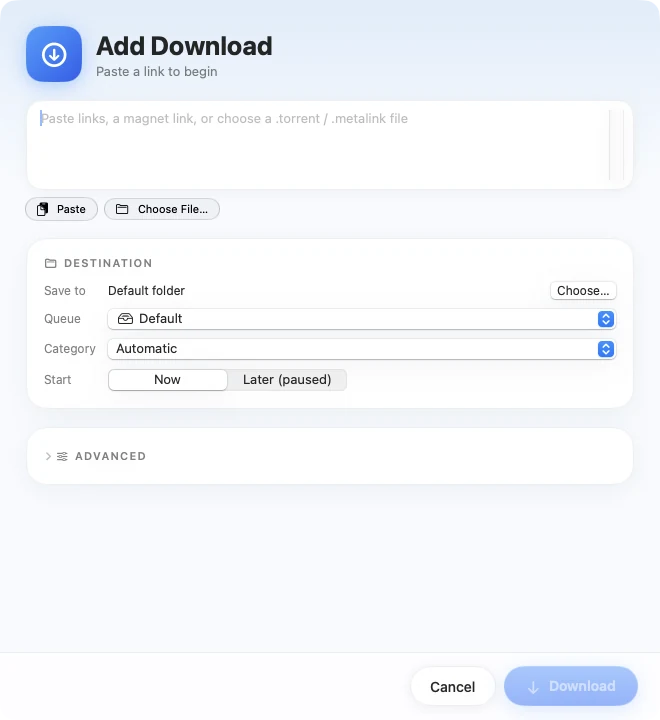 The Add Download sheet with a field for links, destination folder, queue, category and start options.