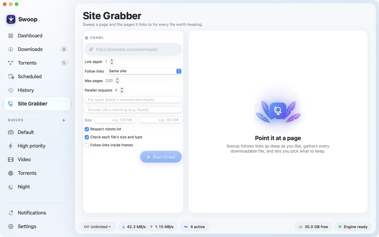 The Site Grabber with crawl settings: start address, link depth, follow links on the same site, max pages, parallel requests and robots.txt.
