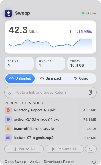 The Swoop menu bar extra showing current speed, active and queued counts, speed modes and a paste-a-link field.