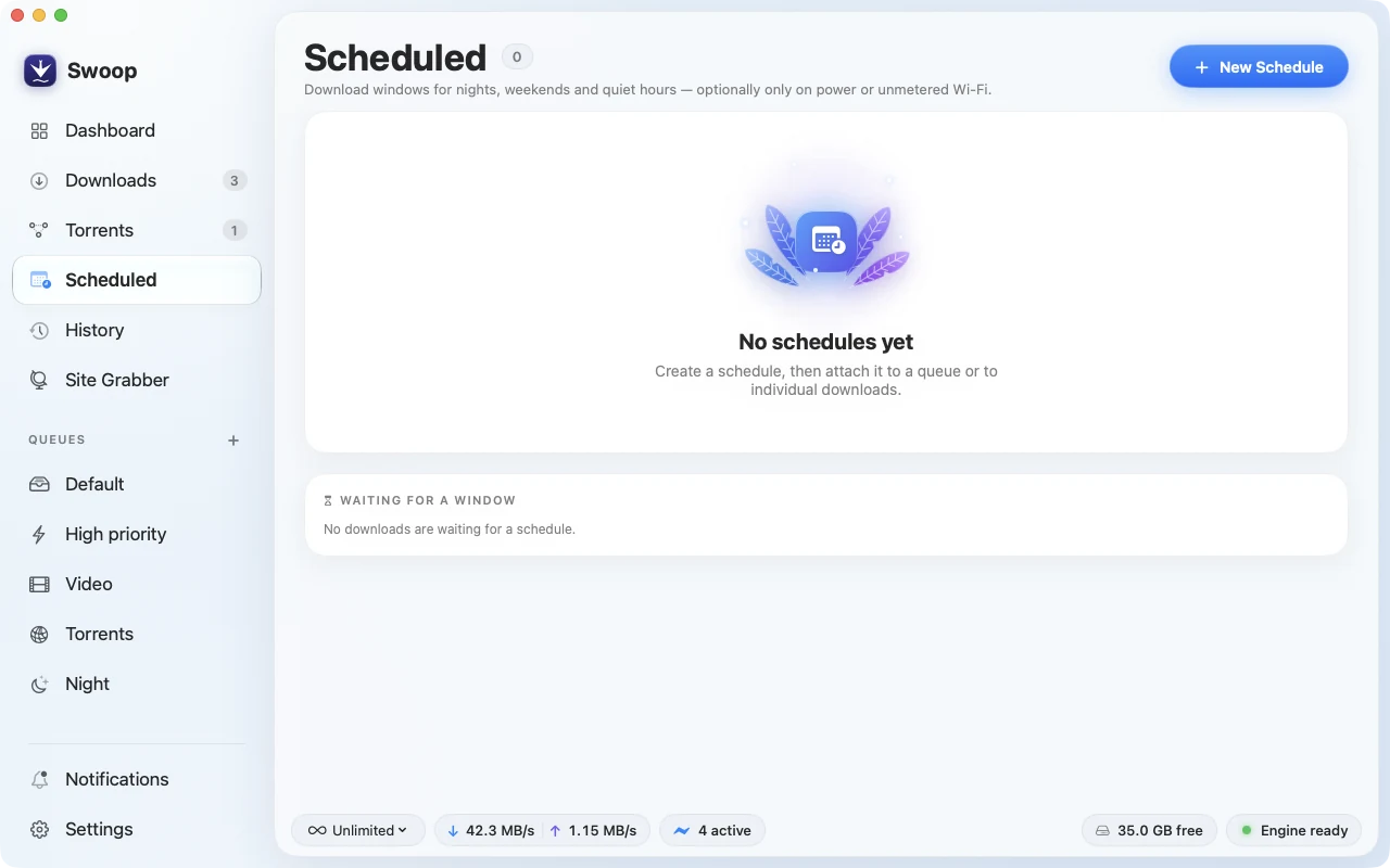 The Scheduled view, inviting you to create a schedule and attach it to a queue or to individual downloads.