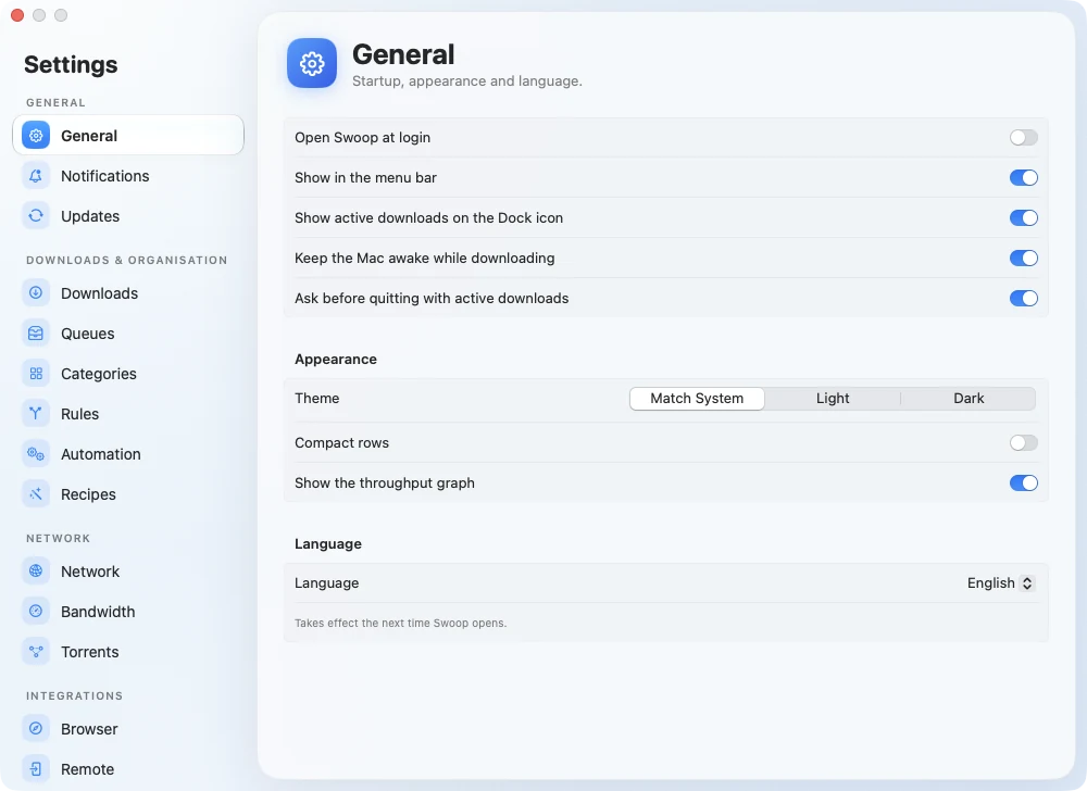 Settings, General pane: open at login, show in the menu bar, keep the Mac awake while downloading, theme and language.