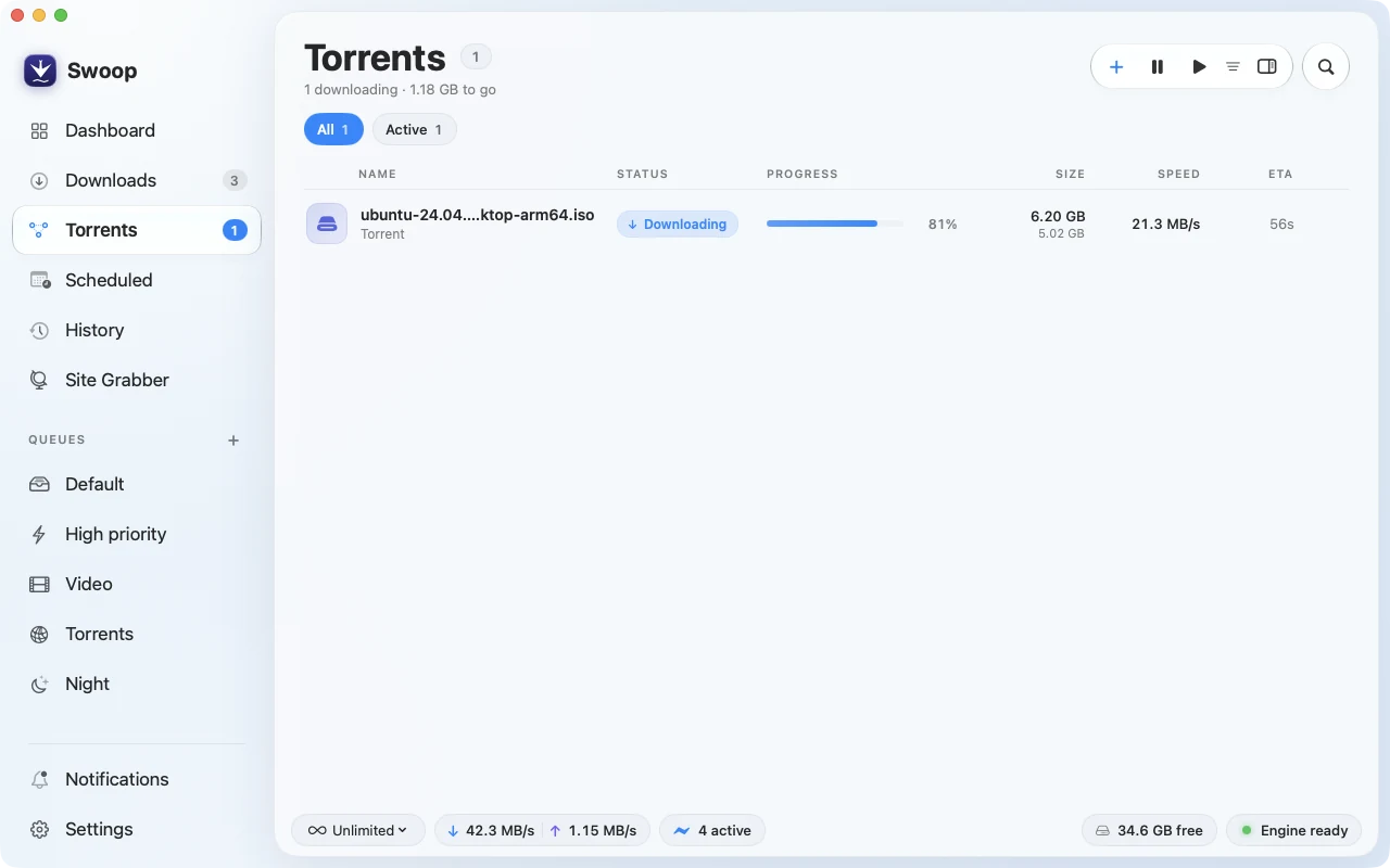 The Torrents view with one torrent downloading at 81%, 21.3 MB/s.